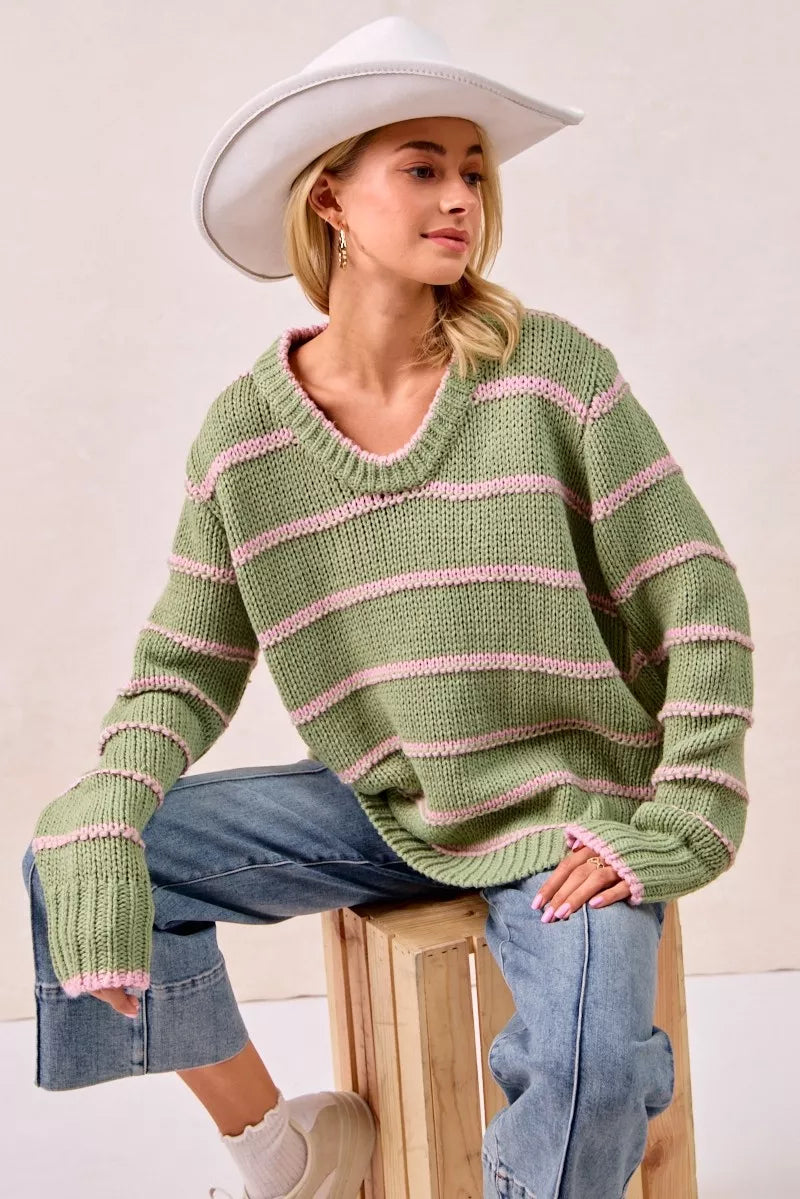 Trendsi boho striped long sleeve sweater in green and pink, perfect for a relaxed casual look