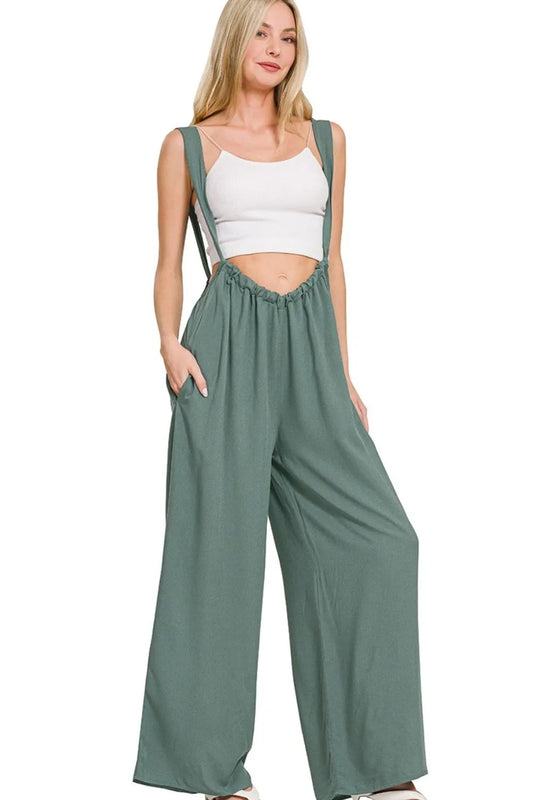 Zenana Woven Tie Back Suspender Jumpsuit-Soul Flow Apparel