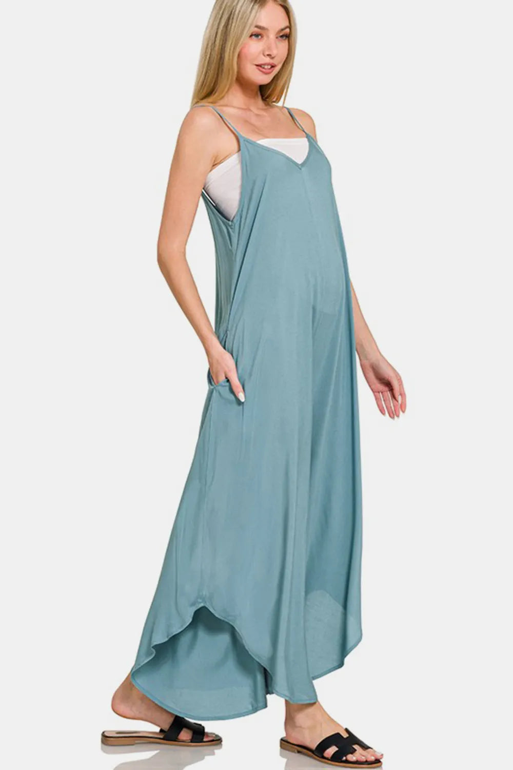 Zenana Spaghetti Strap Wide Leg Overalls with Pockets-Soul Flow Apparel