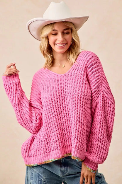 Trendsi Boho V-Neck Sweater Women in vibrant pink with balloon sleeves and a relaxed fit