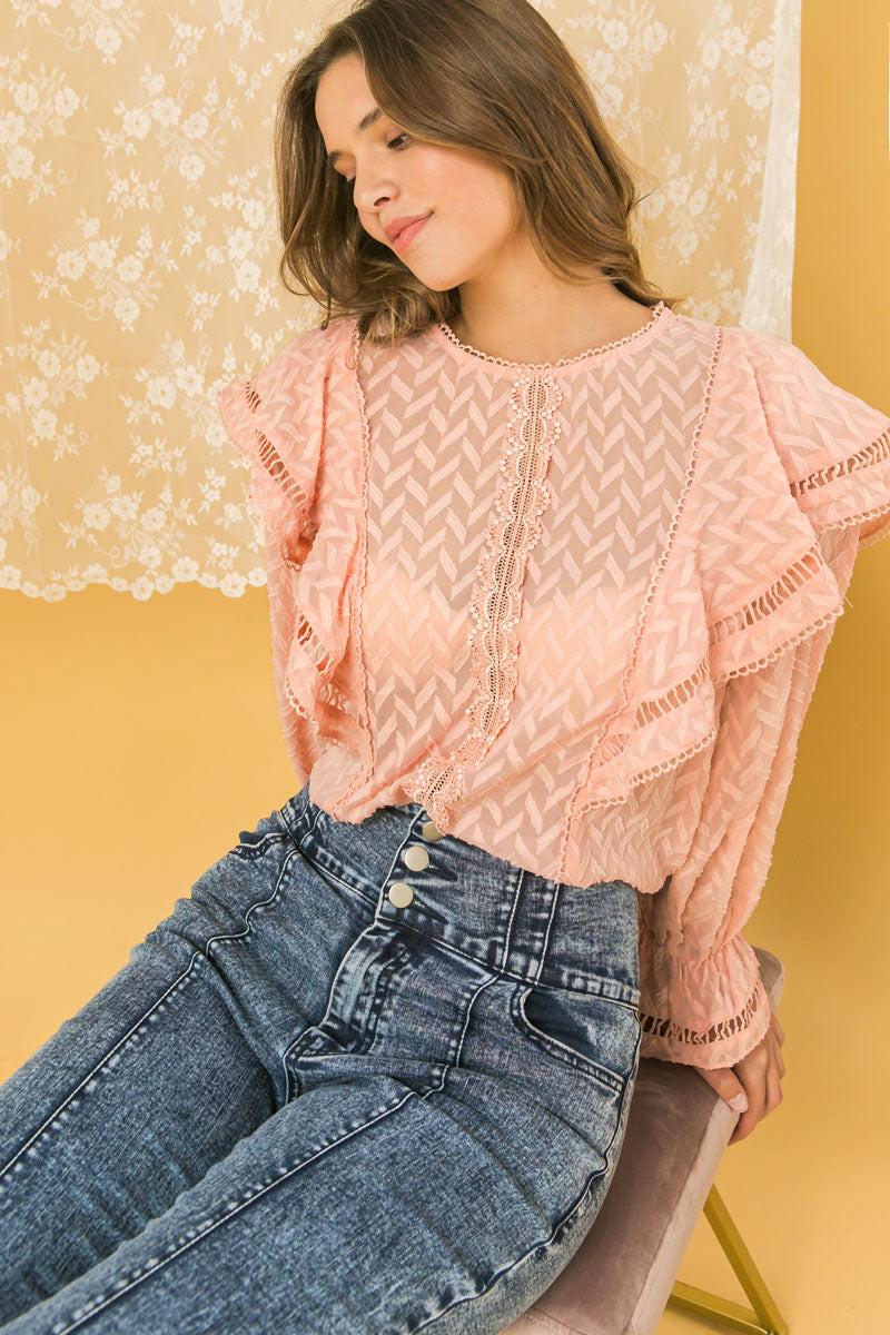 Semi Sheer Embroidered Chevron Peasant Top With Ruffle Trim And Bishop Sleeves