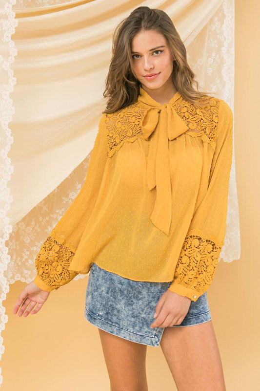 Semi Sheer Peasant Top Swiss Dot Lace Applique Yoke Tie Neck Collar Relaxed Fit — Soul Flow Apparel