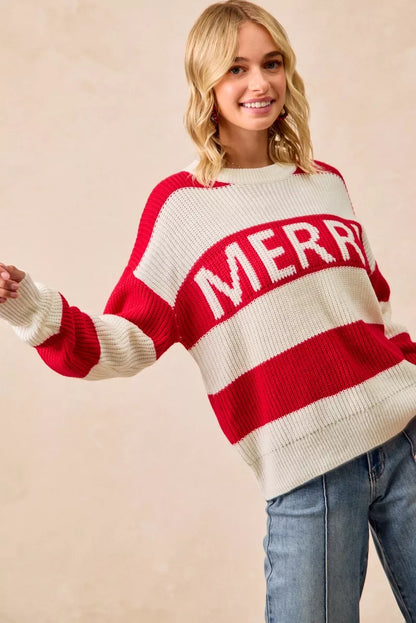 Merry Christmas sweater for women in red and white stripes, featuring 'MERRY' lettering on the front