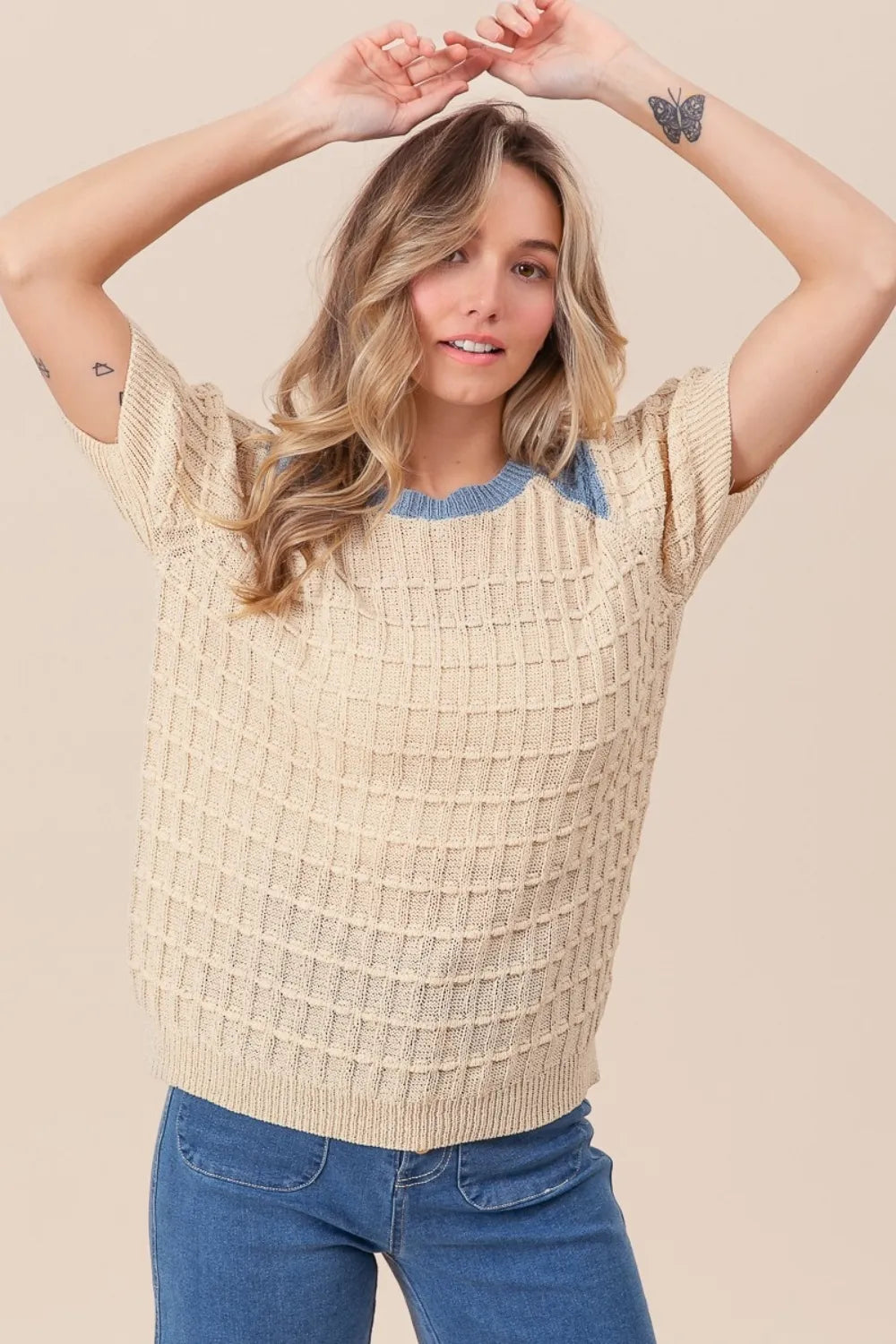 Textured contrast short sleeve sweater in cream and blue, perfect for casual spring outfits