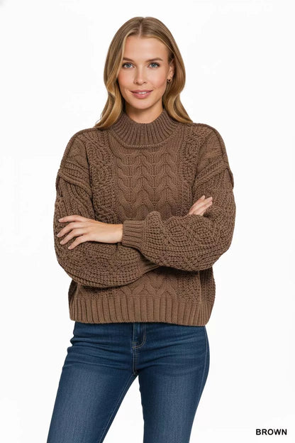 Trendsi Brown Cable Knit Turtleneck Sweater with Cozy Chunky Texture and Relaxed Fit
