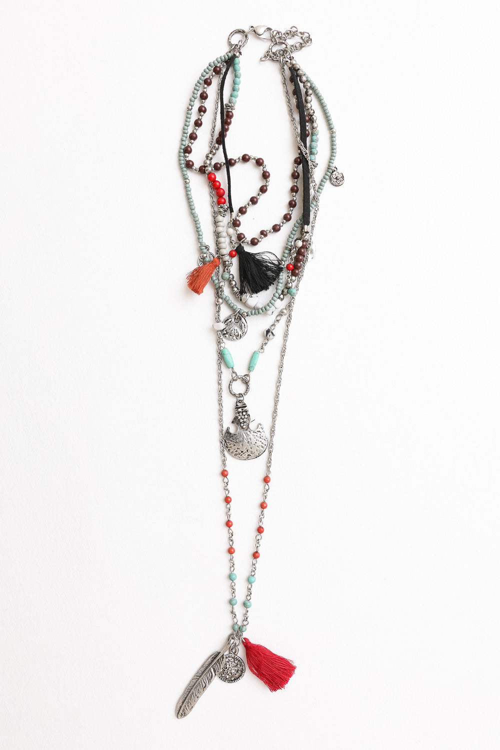 Multi strand silver boho necklace with turquoise and red beads feather and tassels Boho Necklace, Boho Chic Jewelry, Spiritual