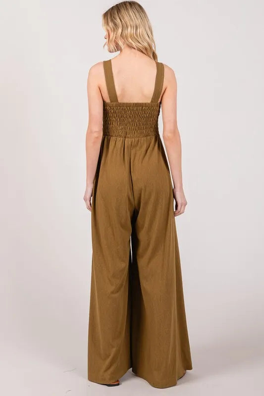 SAGE+FIG Smocked Flowy Wide Leg Jumpsuit-Soul Flow Apparel