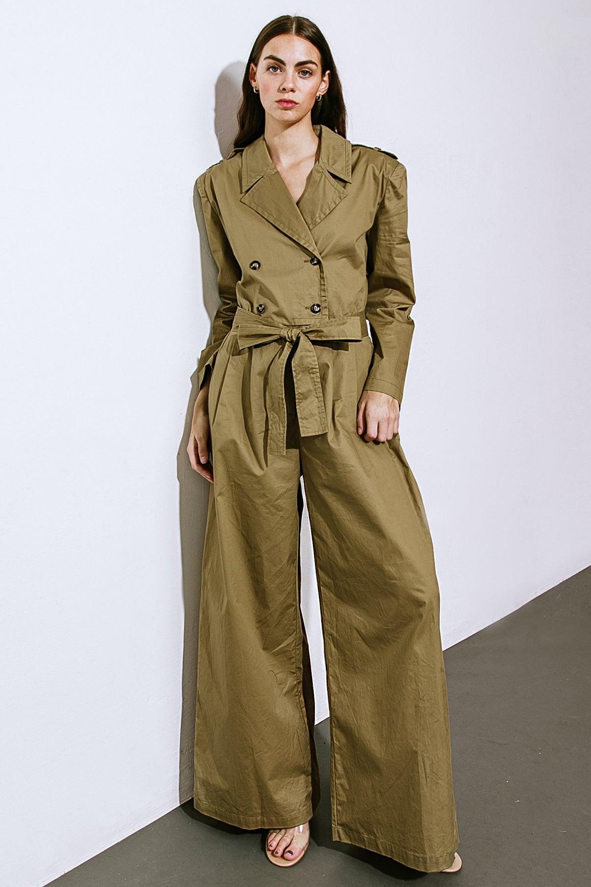 Sounds In My Mind Woven Jumpsuit With Trench Coat Top Long Sleeve Wide Leg