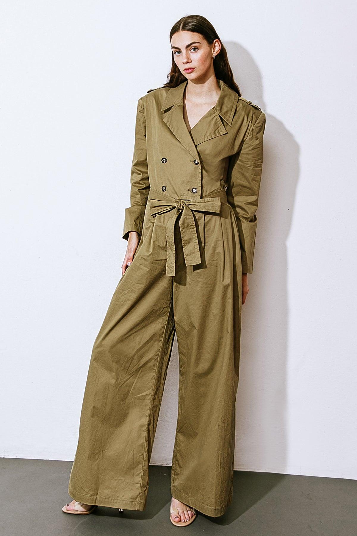 Sounds In My Mind Woven Jumpsuit With Trench Coat Top Long Sleeve Wide Leg