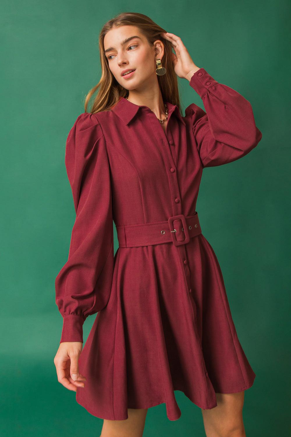 Wrapped Up In Love Mini Dress With Puff Sleeves Belted Silhouette