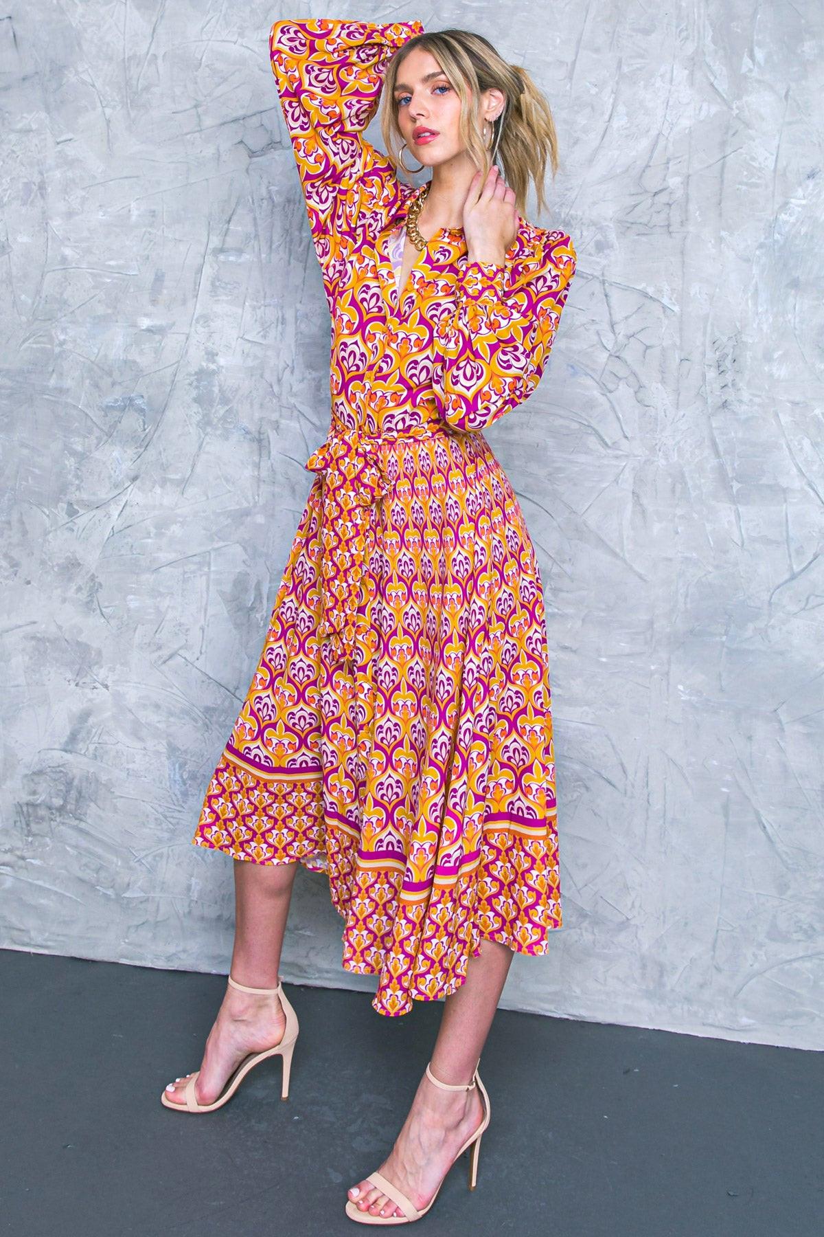 Lifetime Celebrations Printed Woven Shirt Dress With Long Sleeve Self Tie Waist