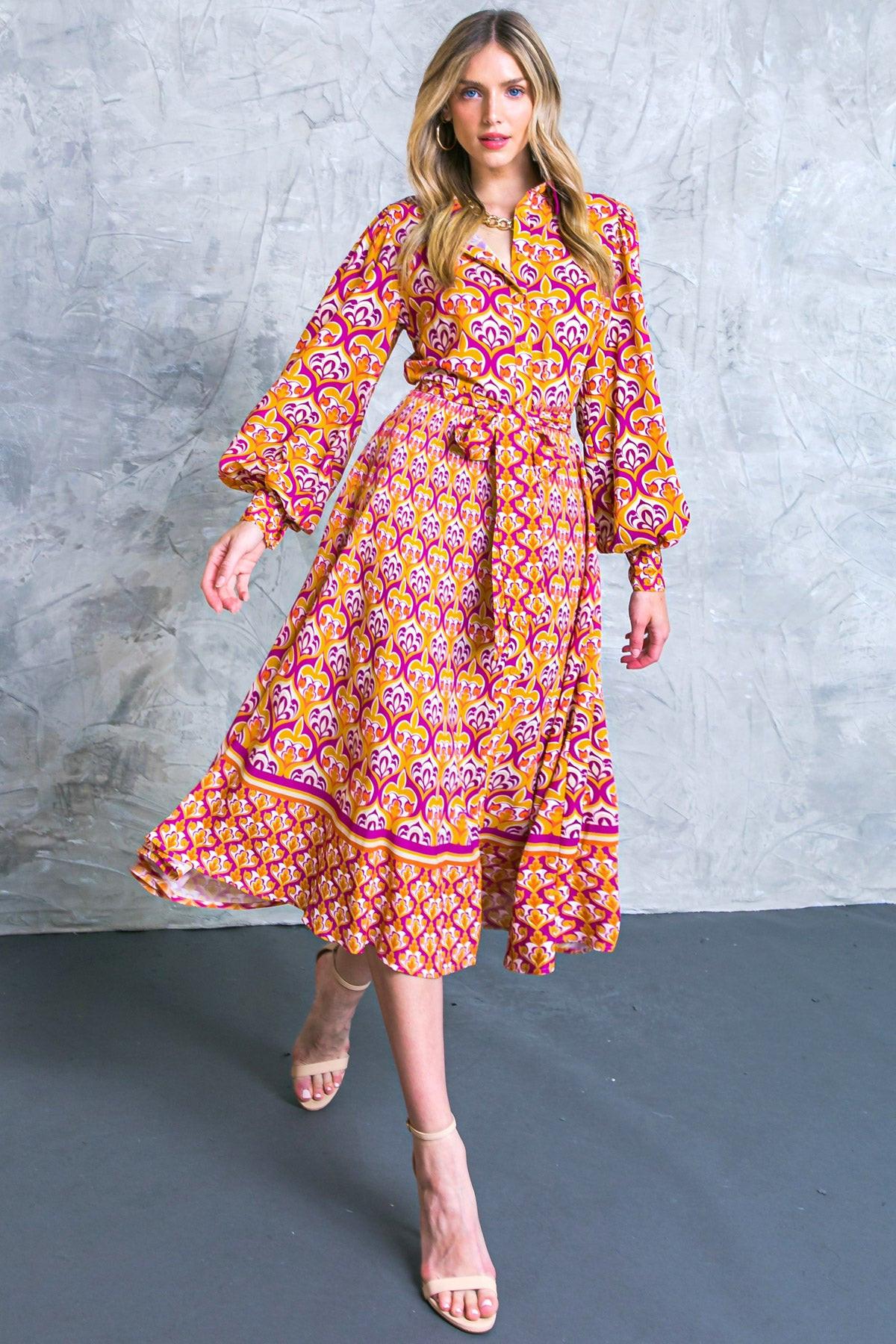 Lifetime Celebrations Printed Woven Shirt Dress With Long Sleeve Self Tie Waist