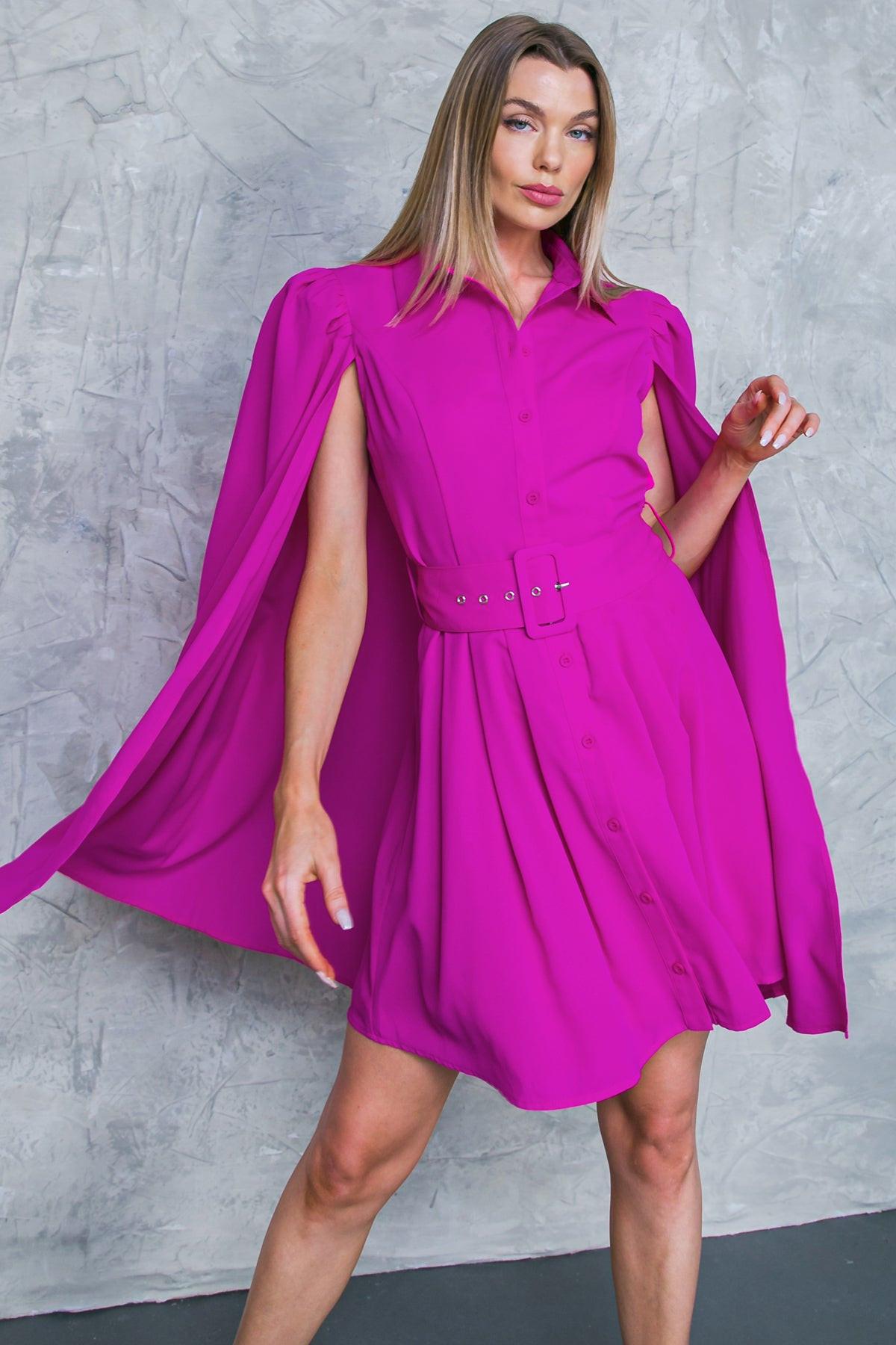 My Secret Style Woven Mini Dress With Capelet And Shirt Collar