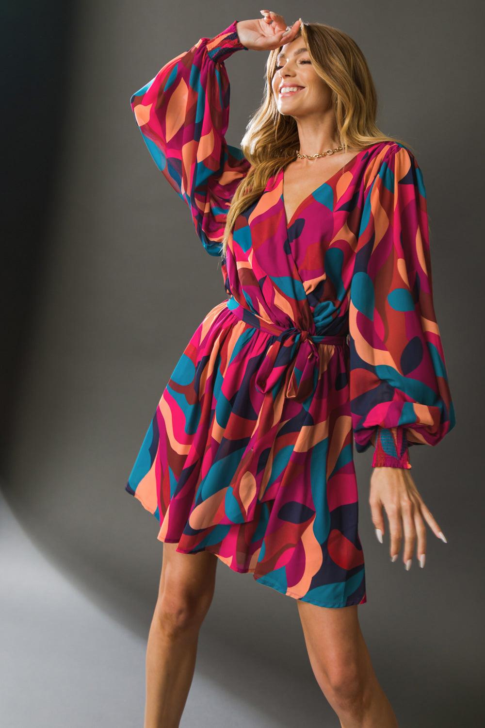 Boston Getaway Woven Mini Dress Surplice Neckline Elasticized Waist Self Tie