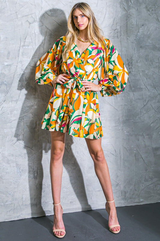 Daring Heart Printed Woven Mini Dress With Surplice Neckline And Ruffled Hem