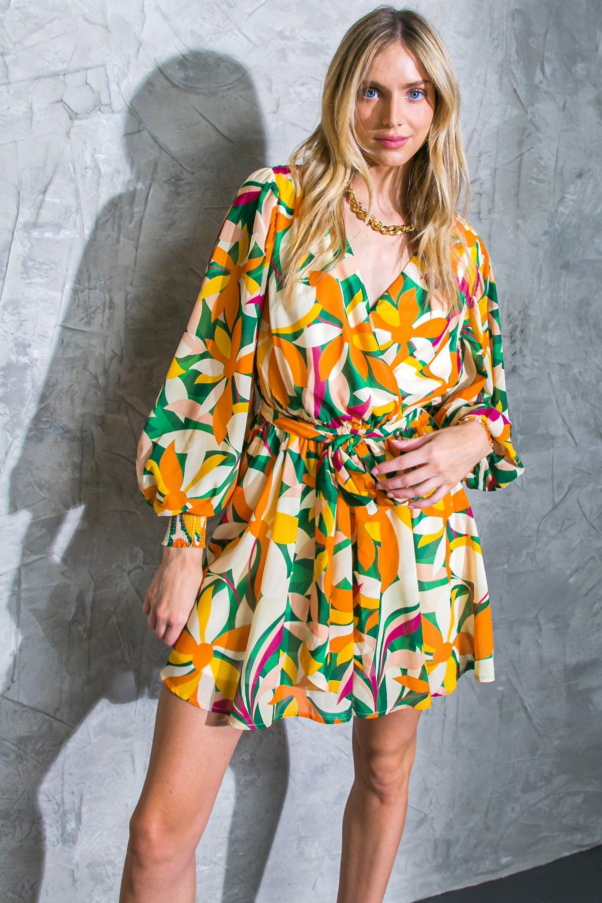 Daring Heart Printed Woven Mini Dress With Surplice Neckline And Ruffled Hem