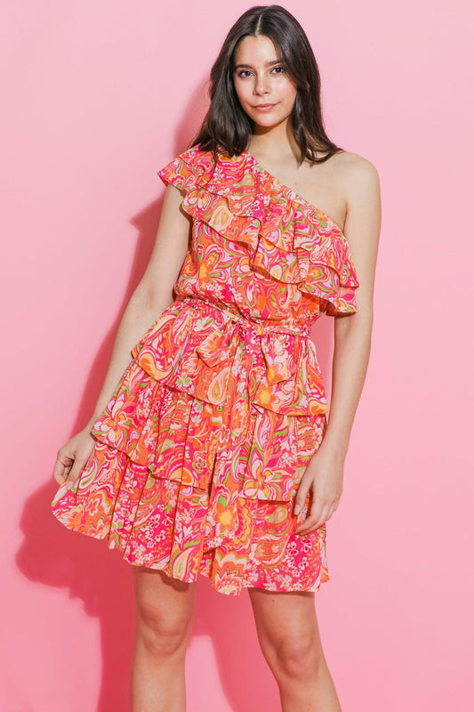 Sunflower Fields One Shoulder Mini Dress With Layered Flounce