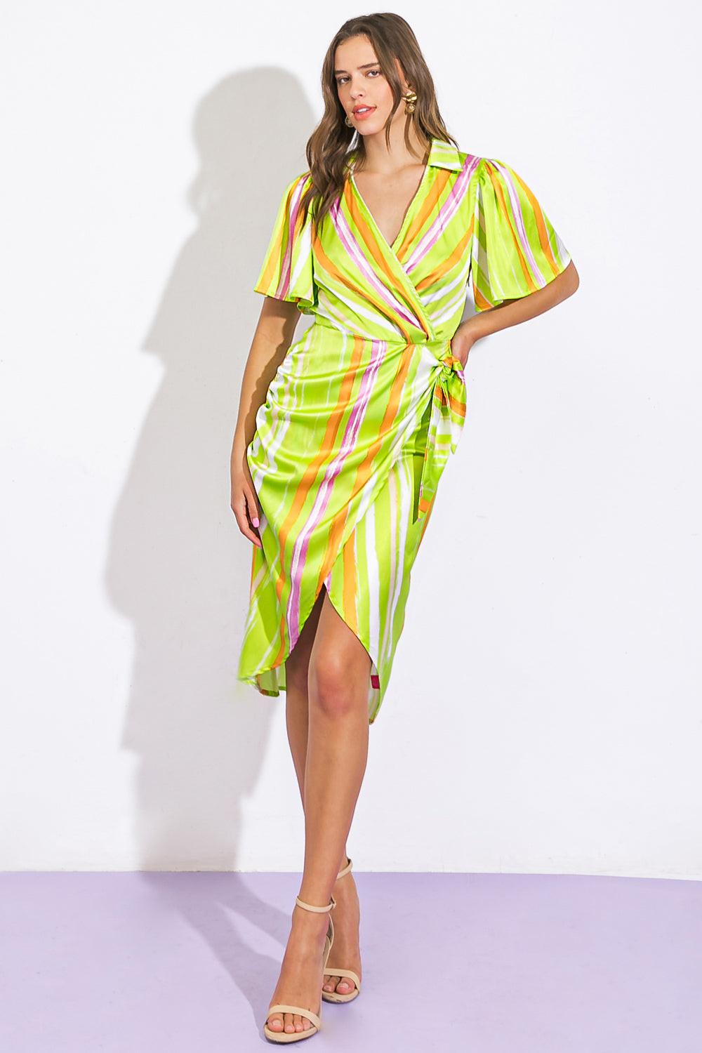 Romance Dreamer Satin Woven Mini Dress Surplice Neckline Wrap Skirt