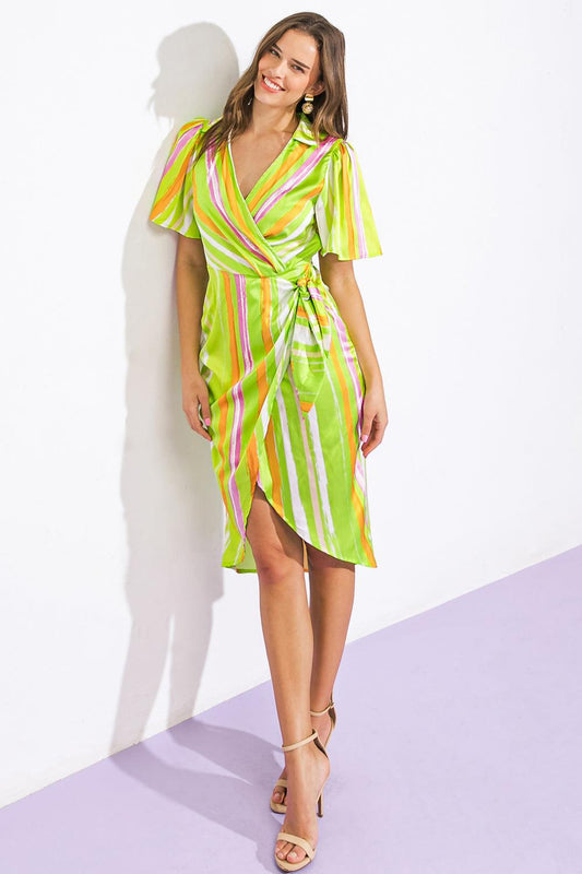 Romance Dreamer Satin Woven Mini Dress Surplice Neckline Wrap Skirt