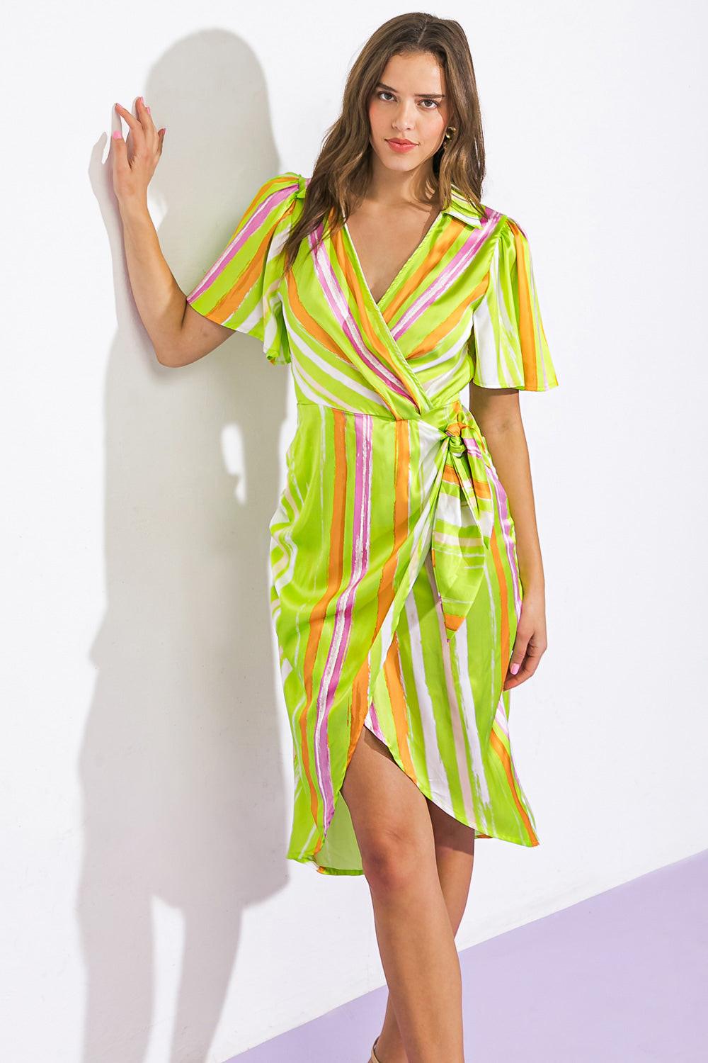 Romance Dreamer Satin Woven Mini Dress Surplice Neckline Wrap Skirt