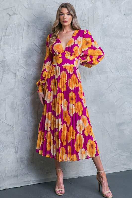 Floral Woven Midi Dress With V Neckline And Smocked Details