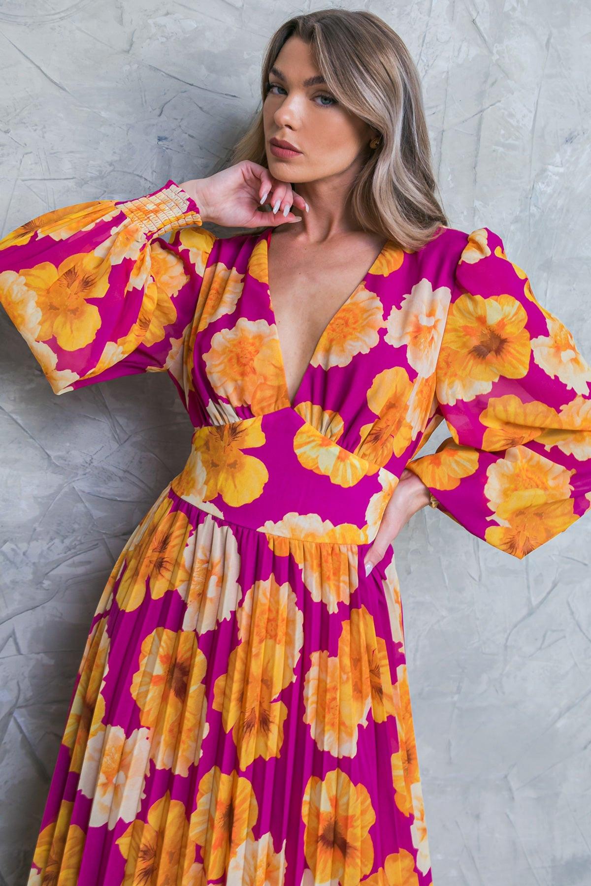 Floral Woven Midi Dress With V Neckline And Smocked Details