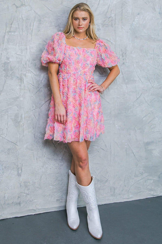 Notable Woven Mini Dress With Square Neck Puff Sleeves Back Zipper Closure