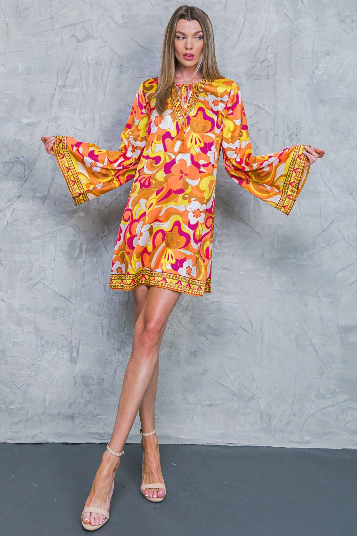 Caught Feelings Woven Mini Dress With V Neck Tie Tassel And Bell Sleeves