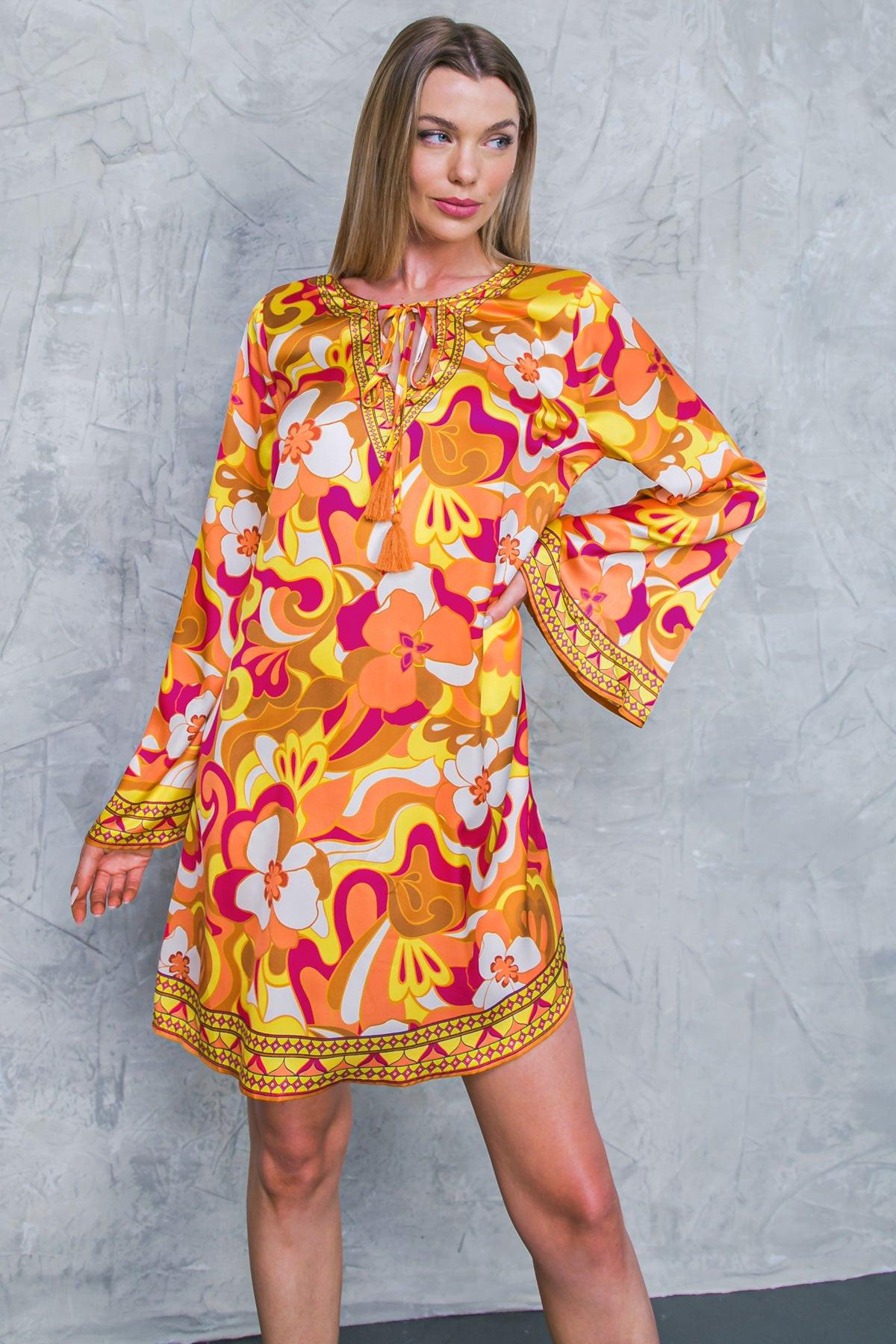 Caught Feelings Woven Mini Dress With V Neck Tie Tassel And Bell Sleeves