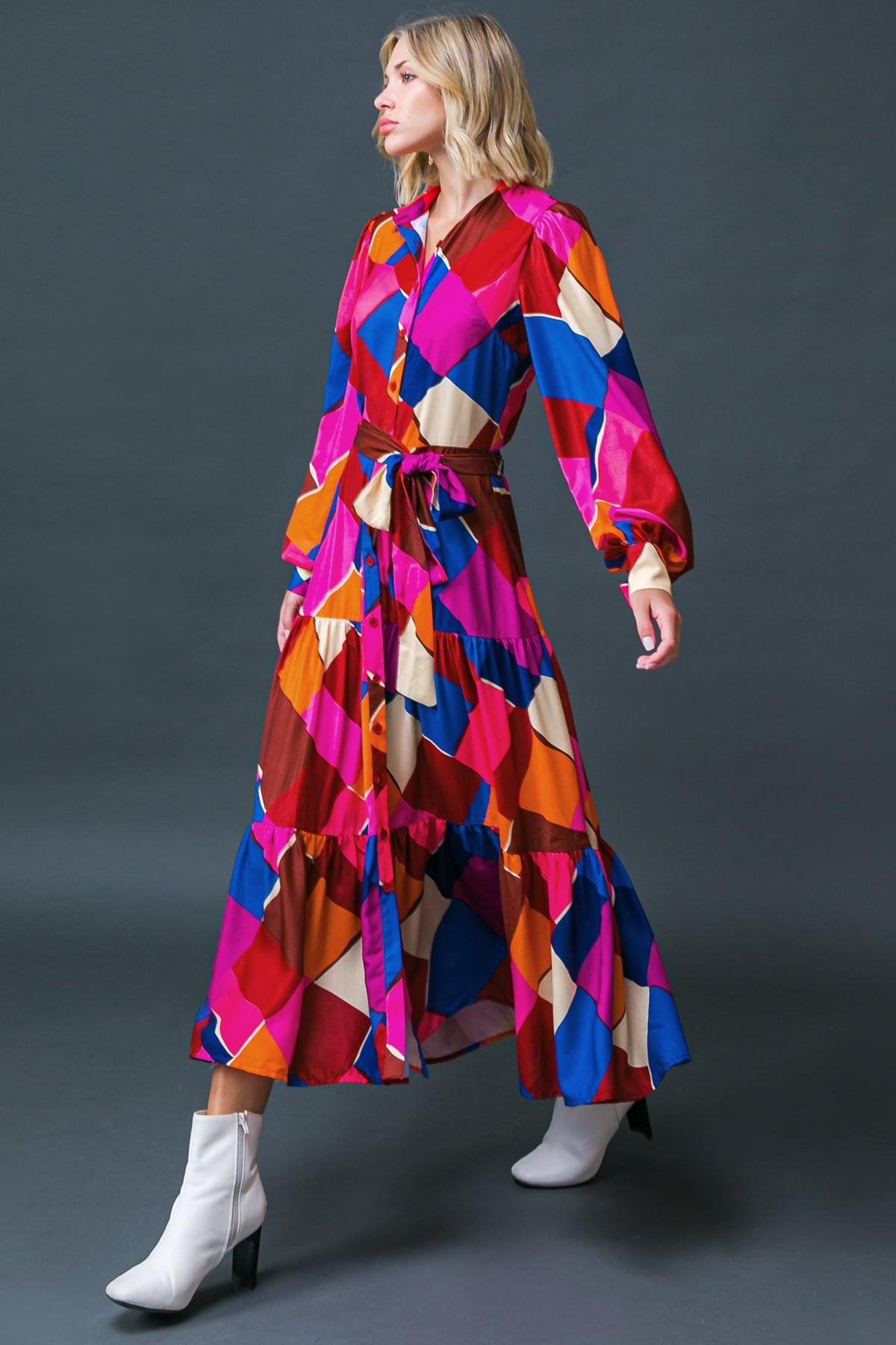 Wise Woman Printed Woven Midi Dress With Shirt Collar And Tiered Skirt