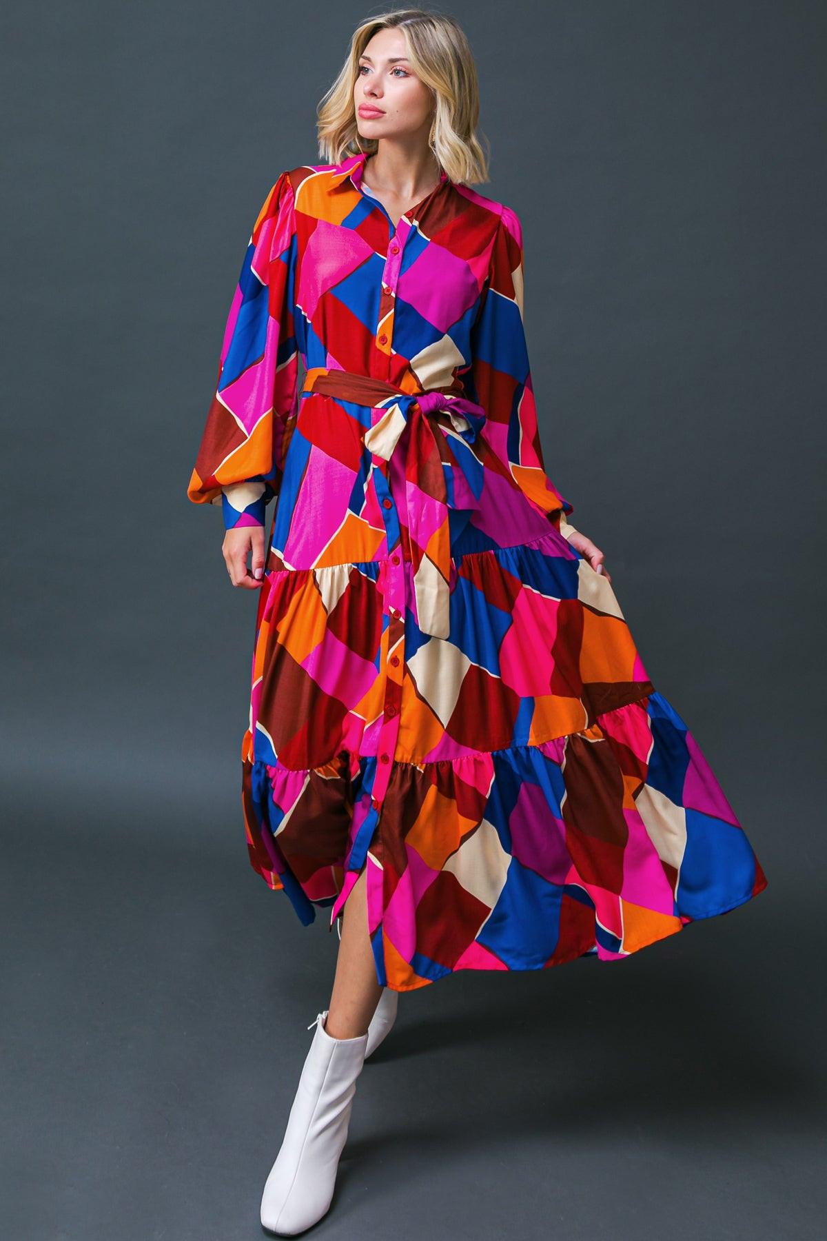 Wise Woman Printed Woven Midi Dress With Shirt Collar And Tiered Skirt
