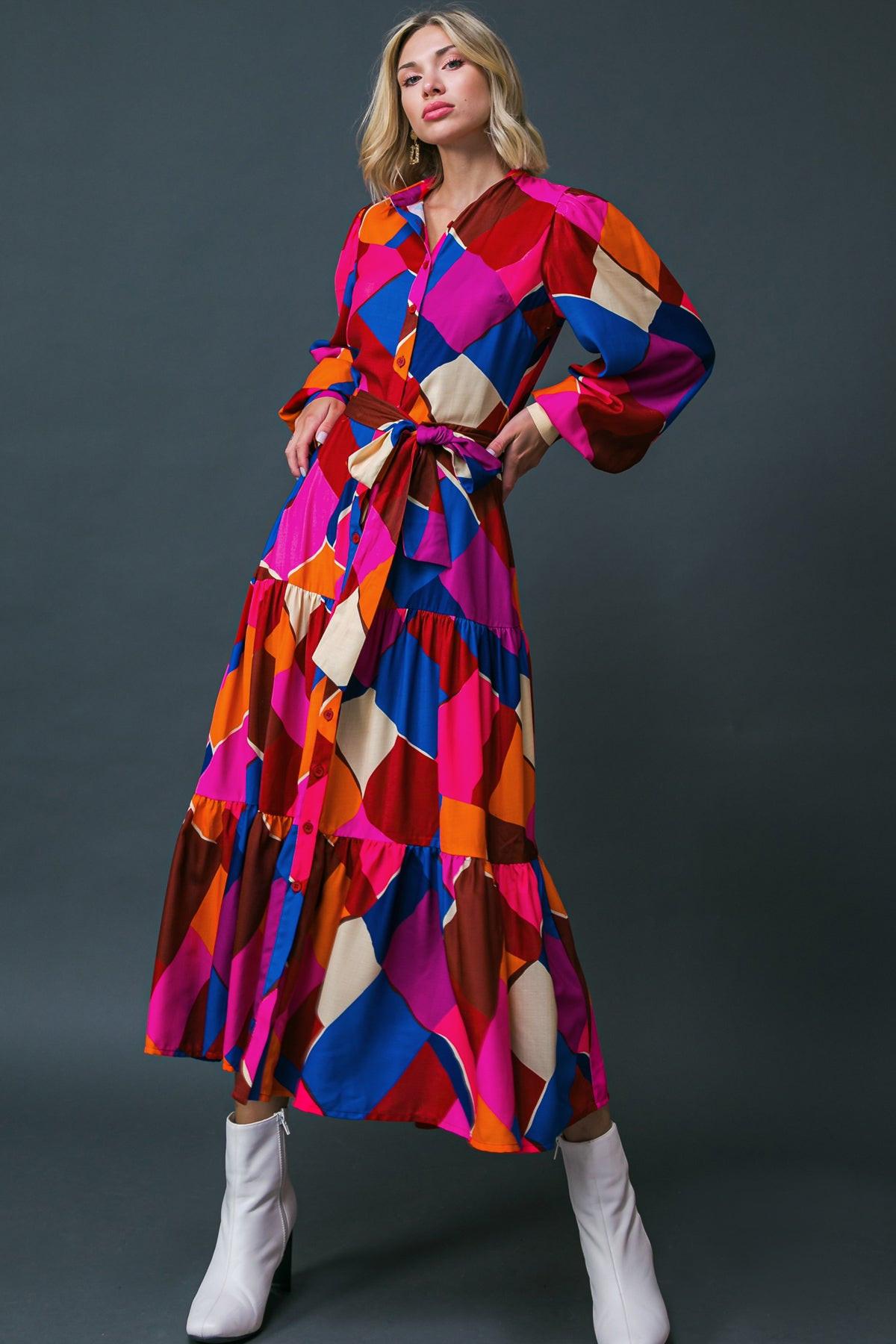 Wise Woman Printed Woven Midi Dress With Shirt Collar And Tiered Skirt