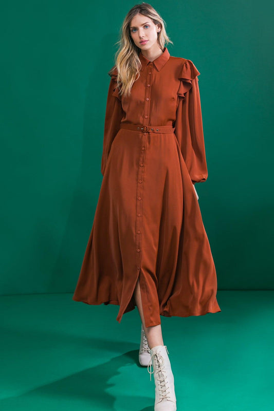 Brown Woven Midi Dress With Shirt Collar Self Belt And Ruffled Shoulders
