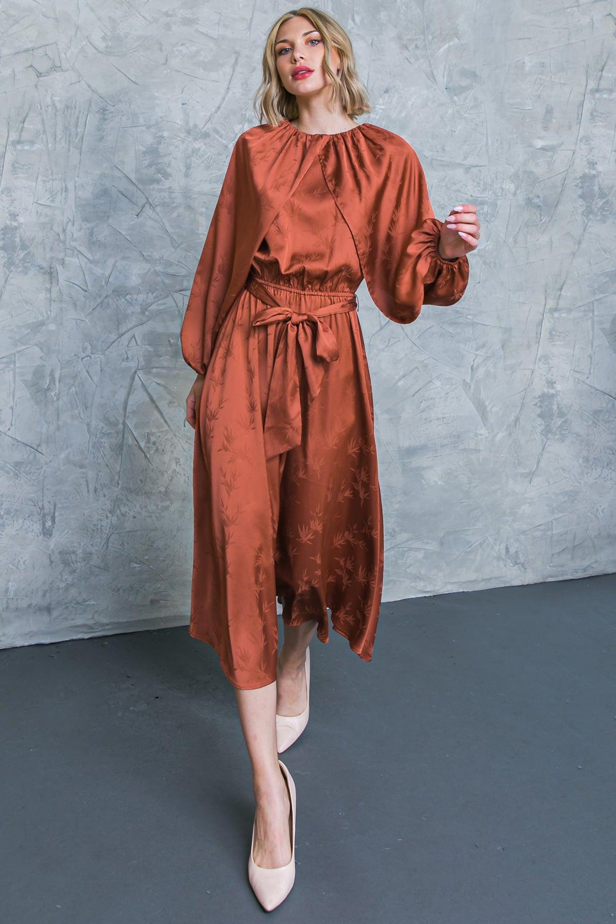 Progress Over Perfection Satin Midi Dress With Jacquard Satin Round Neckline