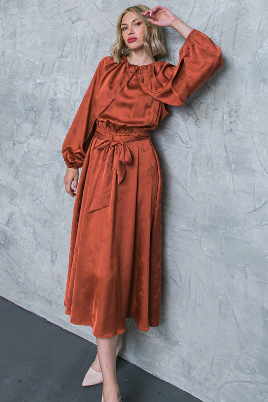 Progress Over Perfection Satin Midi Dress With Jacquard Satin Round Neckline