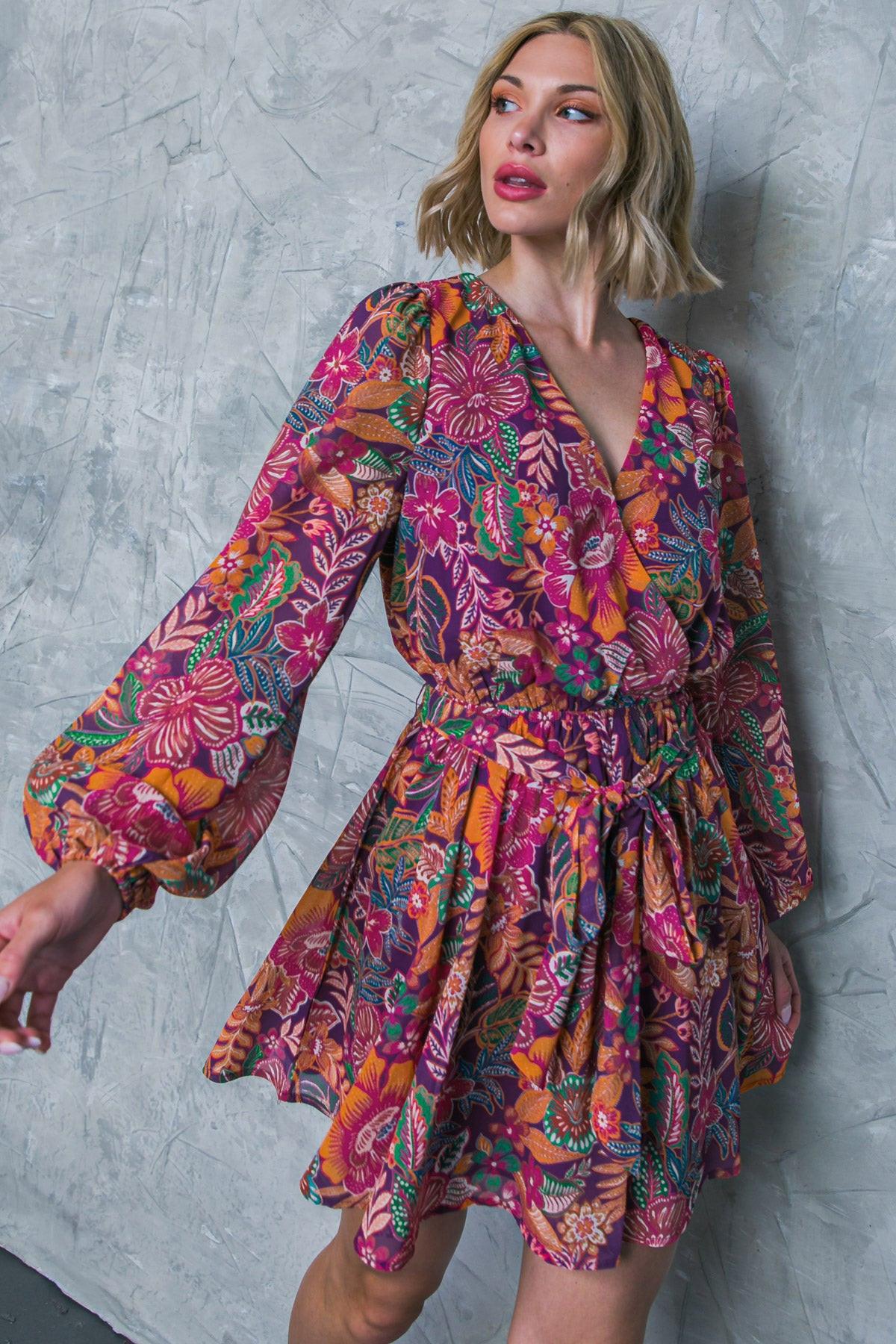 Picking Daisies Plum Printed Woven Mini Dress Featuring Surplice Neckline