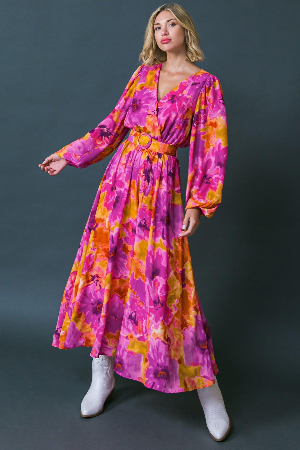Just Watch Me Printed Woven Midi Dress With Surplice Neckline And Puff Sleeves