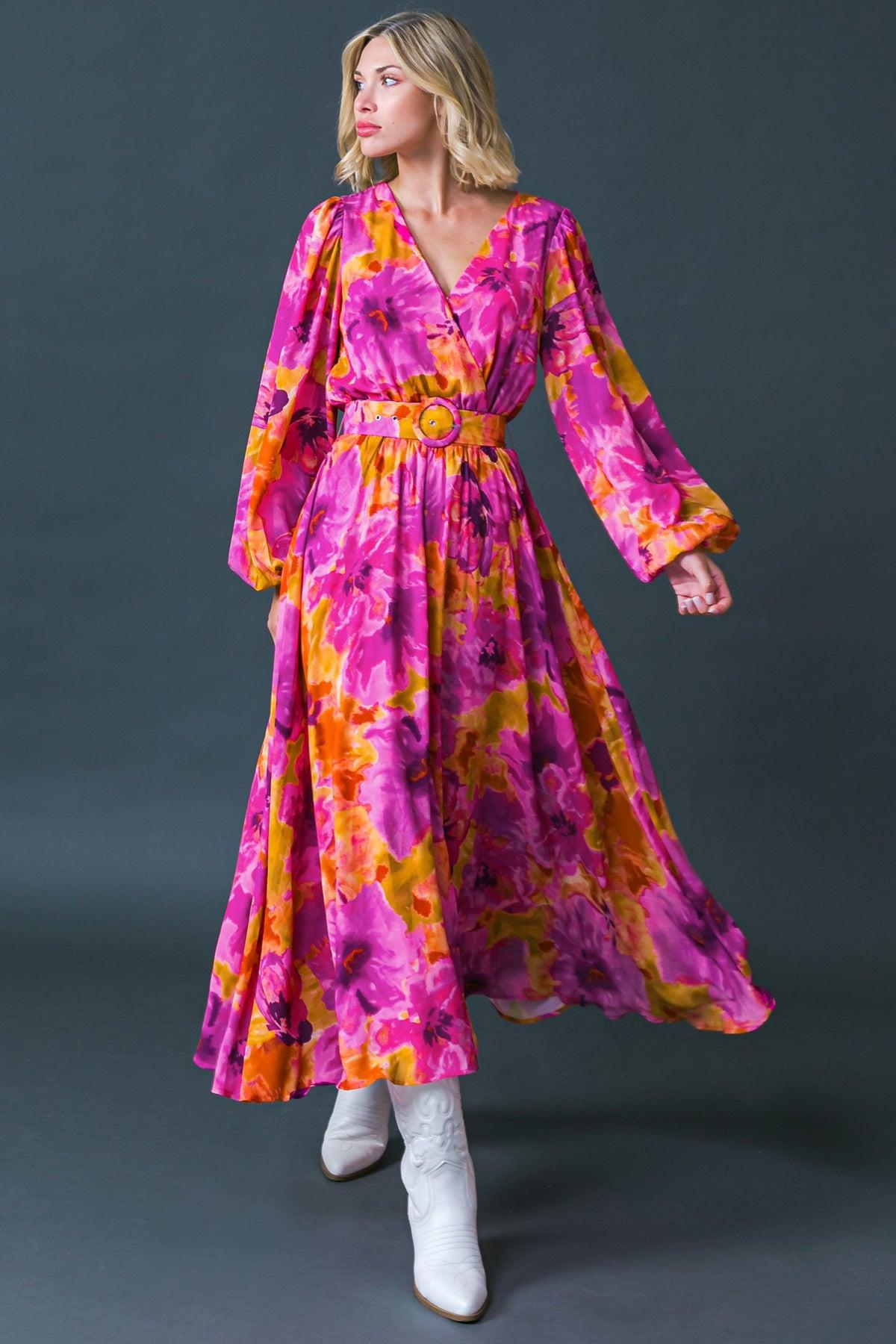 Just Watch Me Printed Woven Midi Dress With Surplice Neckline And Puff Sleeves