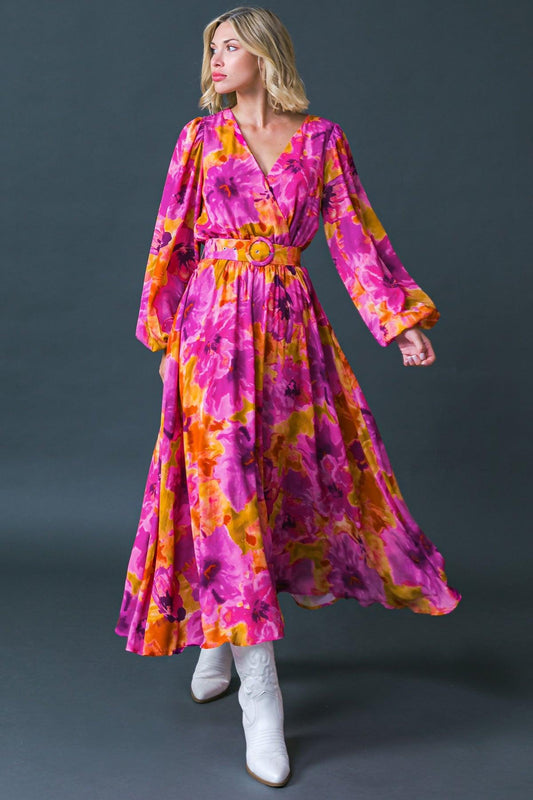 Just Watch Me Printed Woven Midi Dress With Surplice Neckline And Puff Sleeves