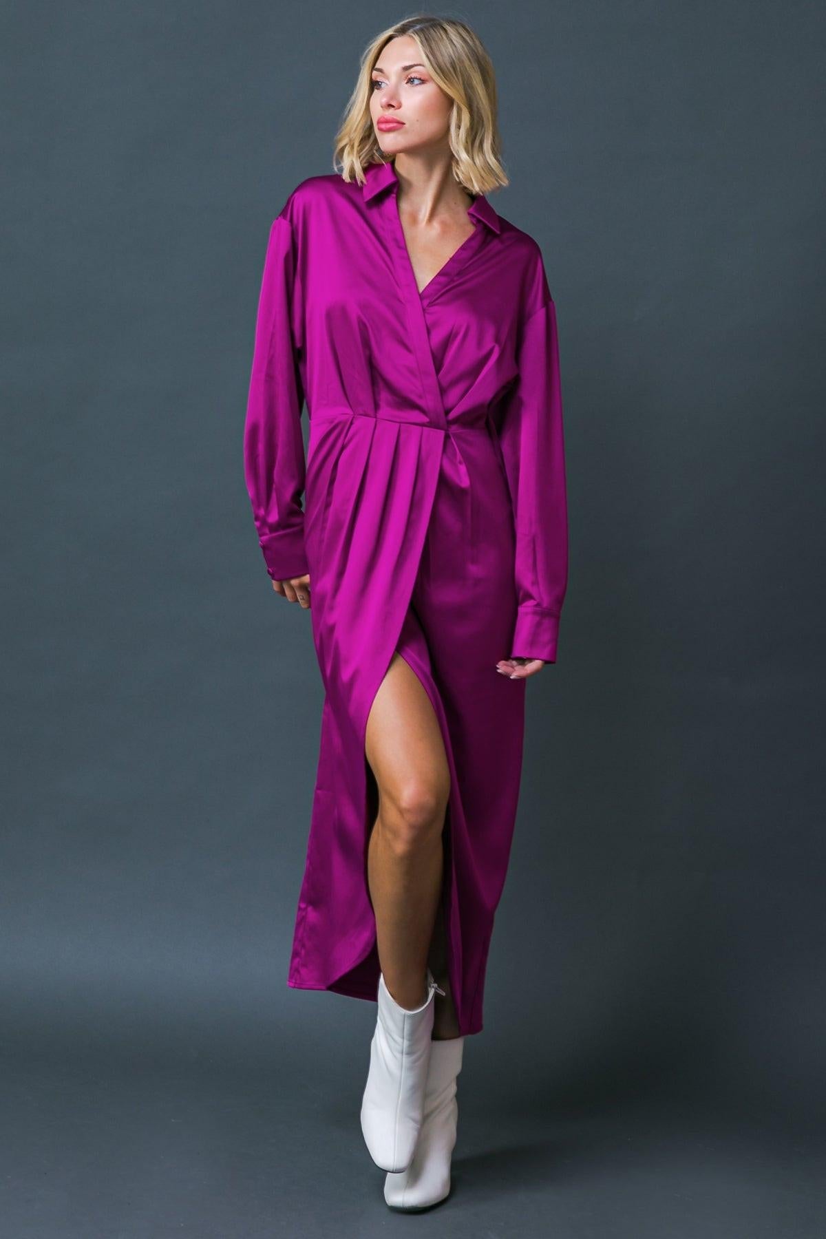 Too Good To Be True Woven Midi Dress With Surplice Neckline And Front Pleats