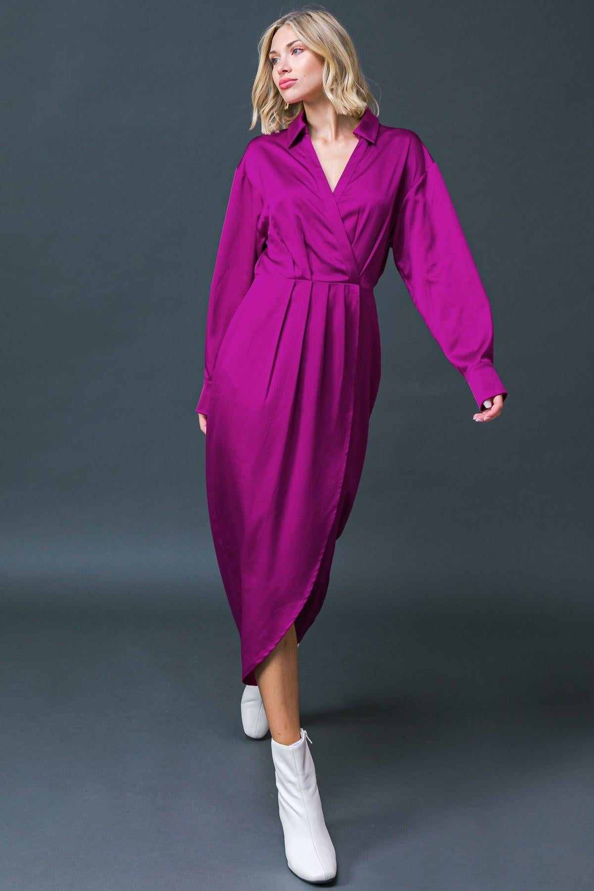 Too Good To Be True Woven Midi Dress With Surplice Neckline And Front Pleats