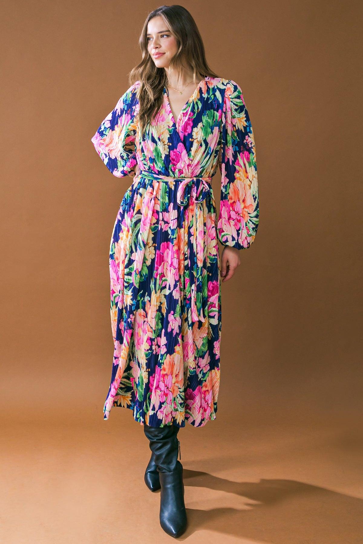 Breathtaking Moment Printed Plisse Midi Dress Surplice Neckline Long Sleeve