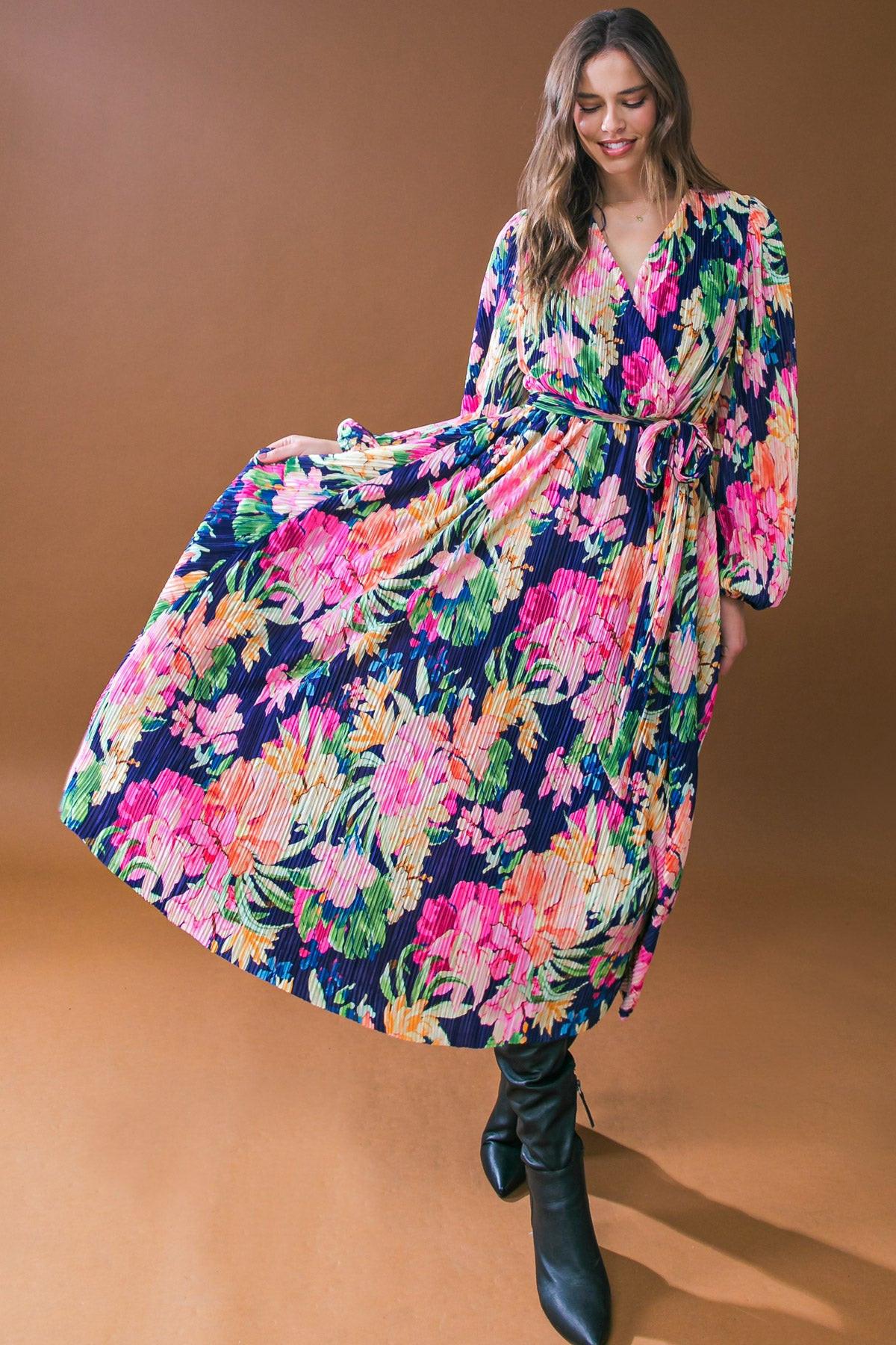 Breathtaking Moment Printed Plisse Midi Dress Surplice Neckline Long Sleeve