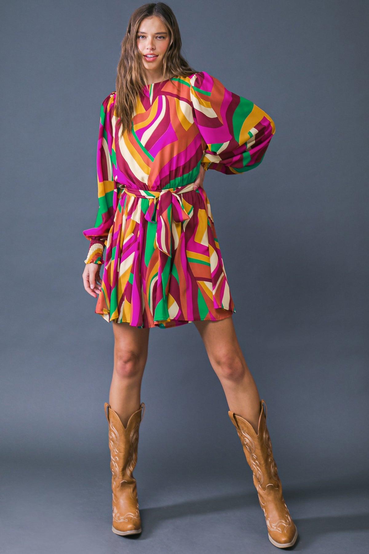 Keep On Moving Printed Woven Mini Dress With Elasticized Waist Self Sash Tie