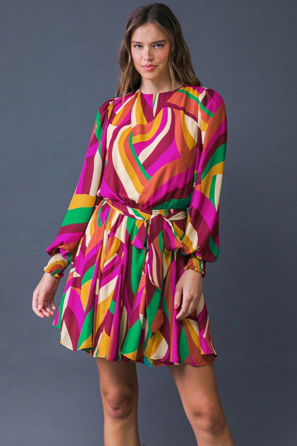 Keep On Moving Printed Woven Mini Dress With Elasticized Waist Self Sash Tie