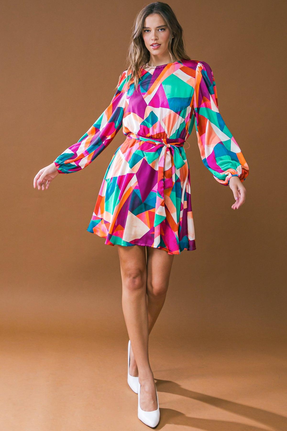 Woven Mini Dress Round Neckline Long Sleeves A Line Skirt With Back Zipper
