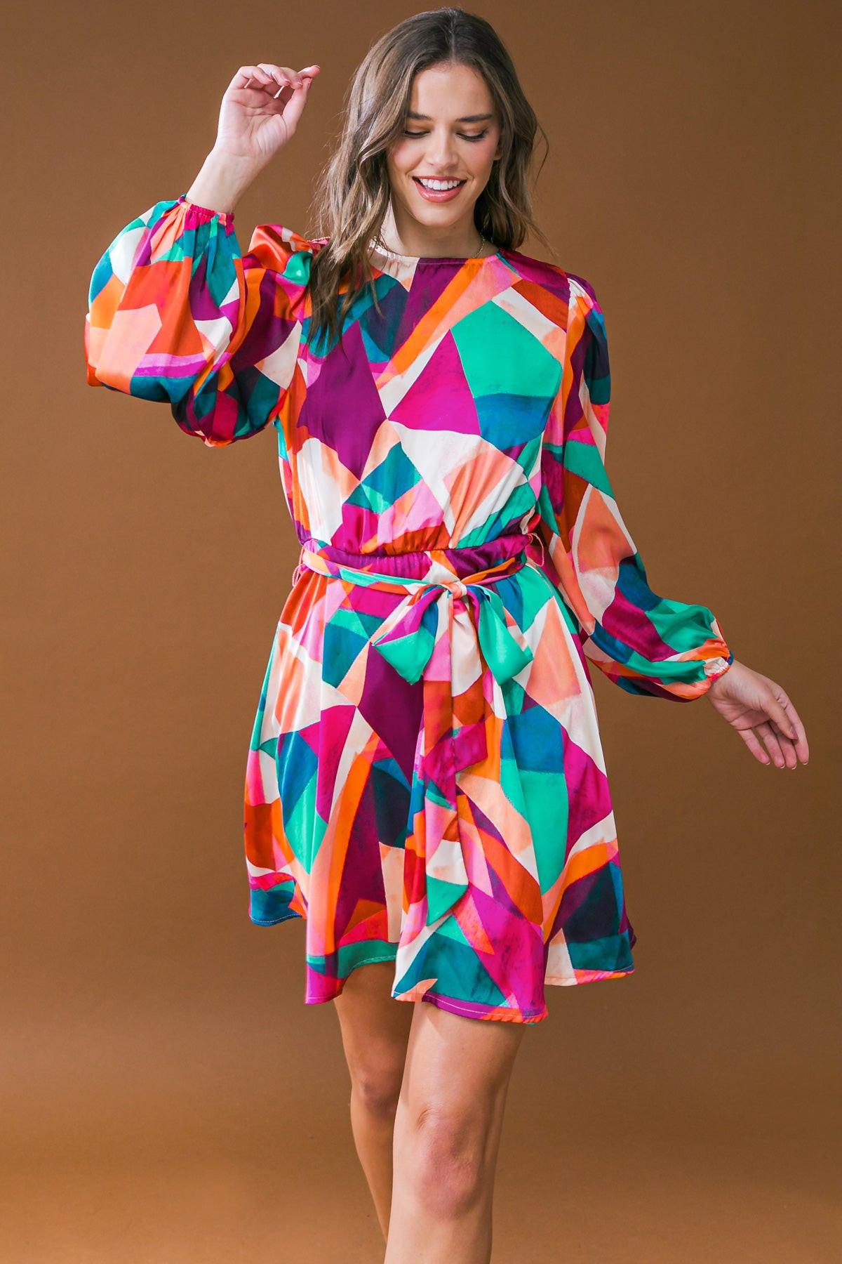 Woven Mini Dress Round Neckline Long Sleeves A Line Skirt With Back Zipper
