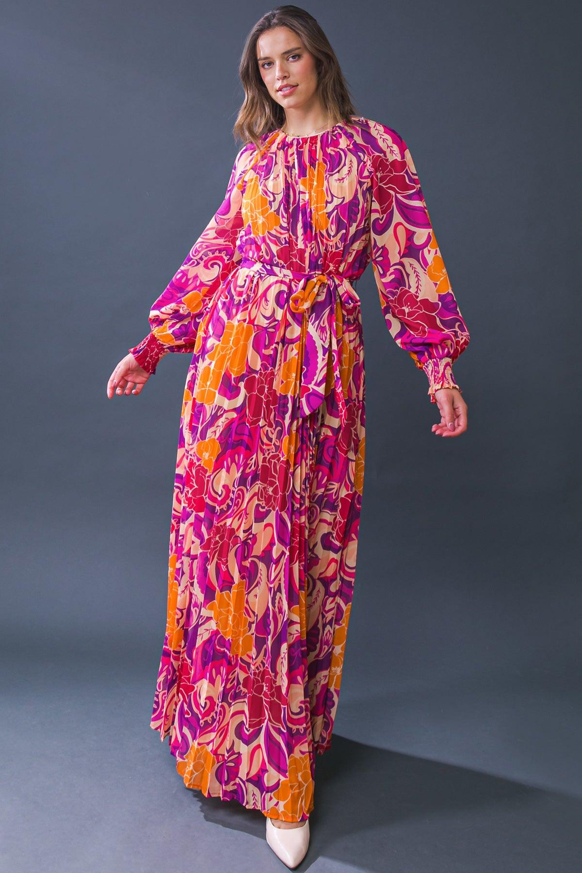 Changing Locations Printed Woven Maxi Dress Round Neckline Smocked Cuff Sleeves