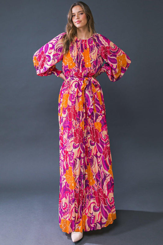 Changing Locations Printed Woven Maxi Dress Round Neckline Smocked Cuff Sleeves
