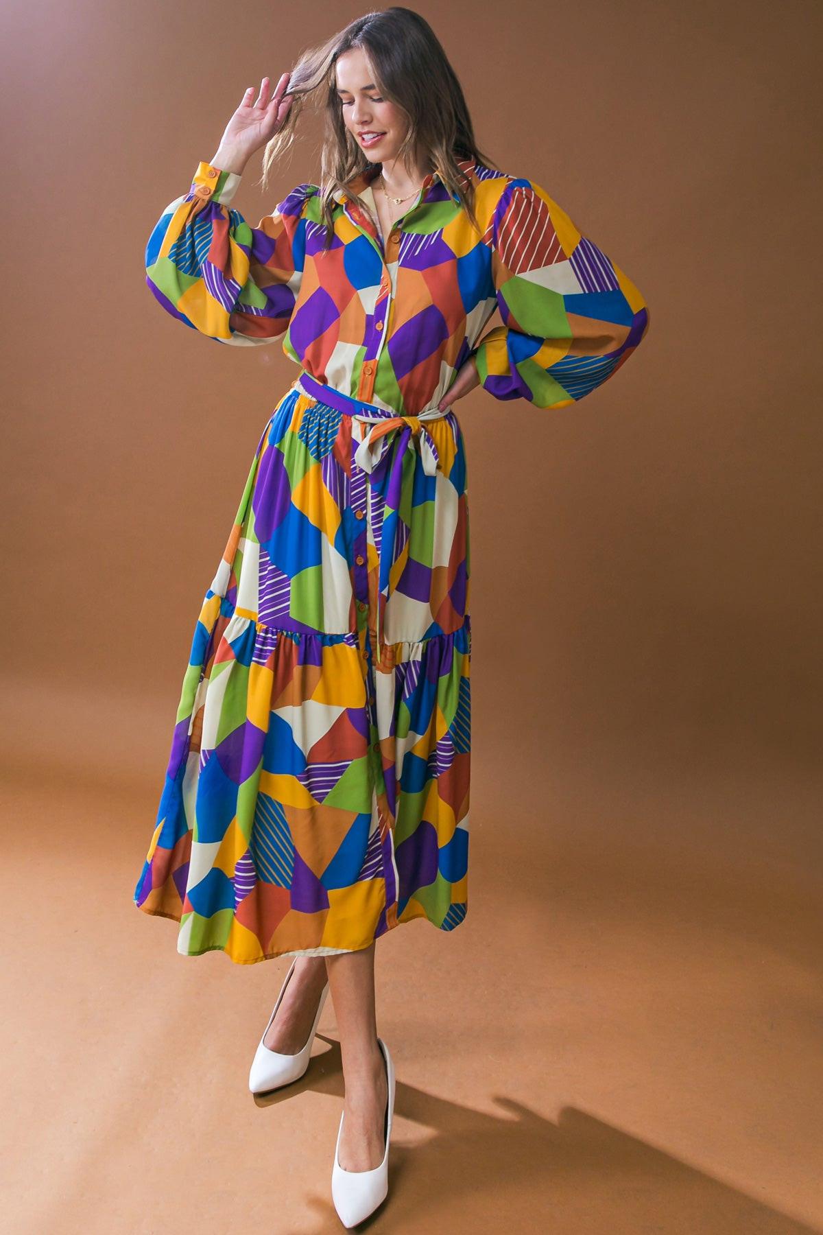 Remarkable Flair Printed Woven Midi Dress With Shirt Collar And Self Tie
